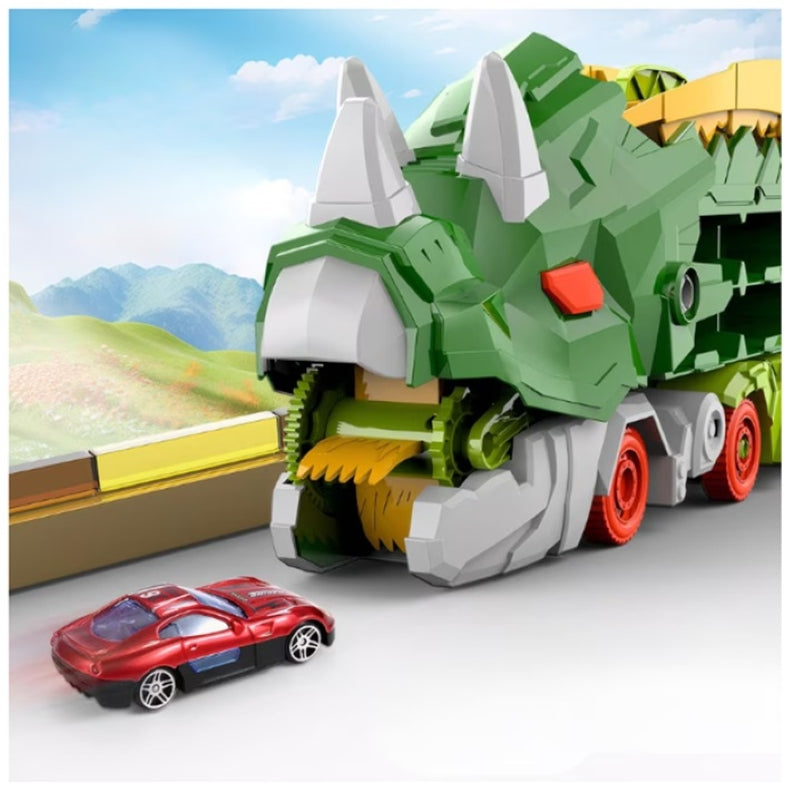 Camion Dinozaur Interactiv Pistă Dublă Lansator 4 Mașini Verde-6