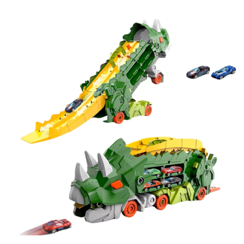 Camion Dinozaur Interactiv Pistă Dublă Lansator 4 Mașini Verde