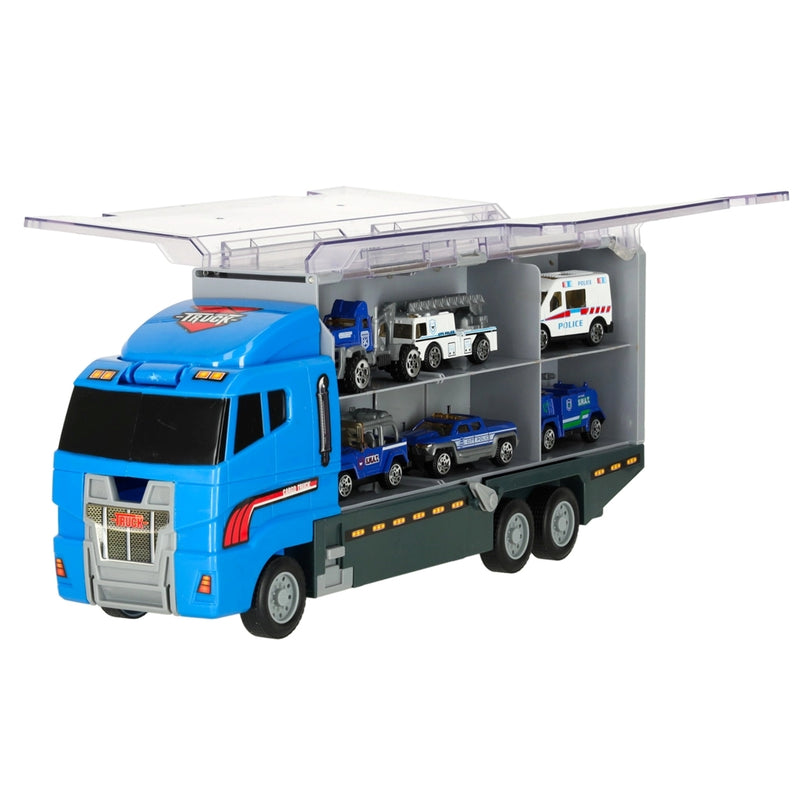 Camion Transportor Poliție cu Lansator și 6 Mașinuțe Albastru-7