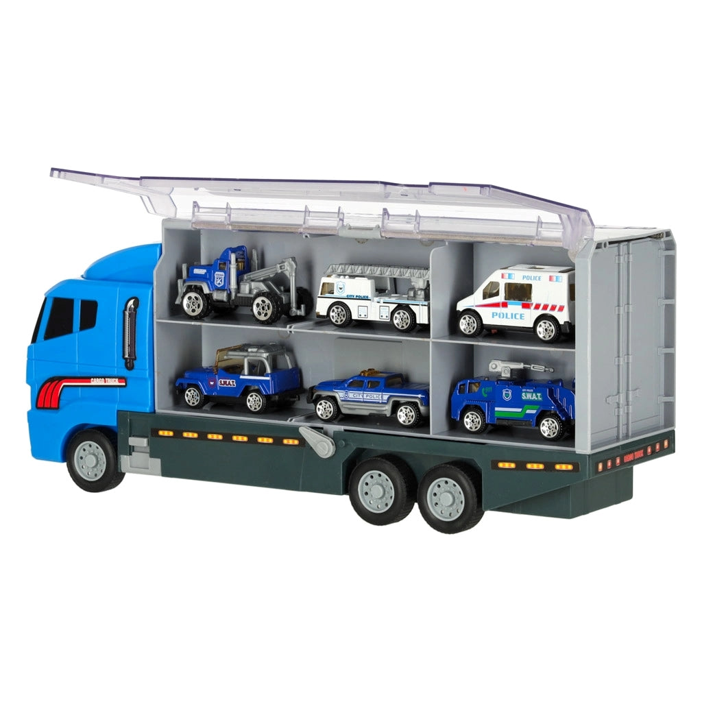 Camion Transportor Poliție cu Lansator și 6 Mașinuțe Albastru-8