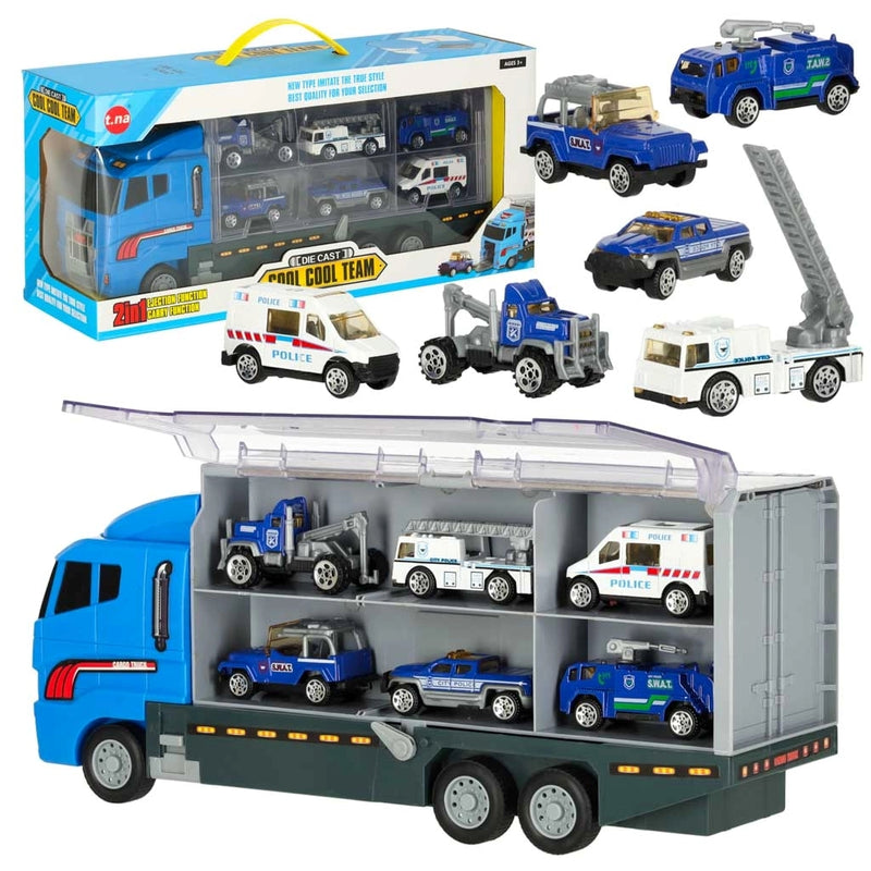 Camion Transportor Poliție cu Lansator și 6 Mașinuțe Albastru-1