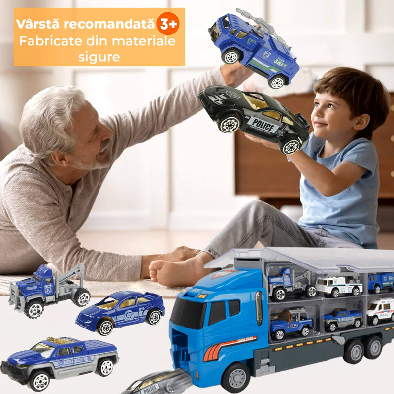 Camion Transportor Poliție cu Lansator și 6 Mașinuțe Albastru-4