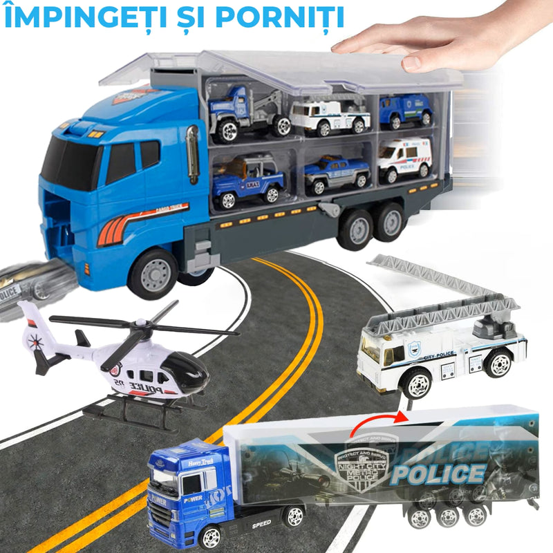 Camion Transportor Poliție cu Lansator și 6 Mașinuțe Albastru-3