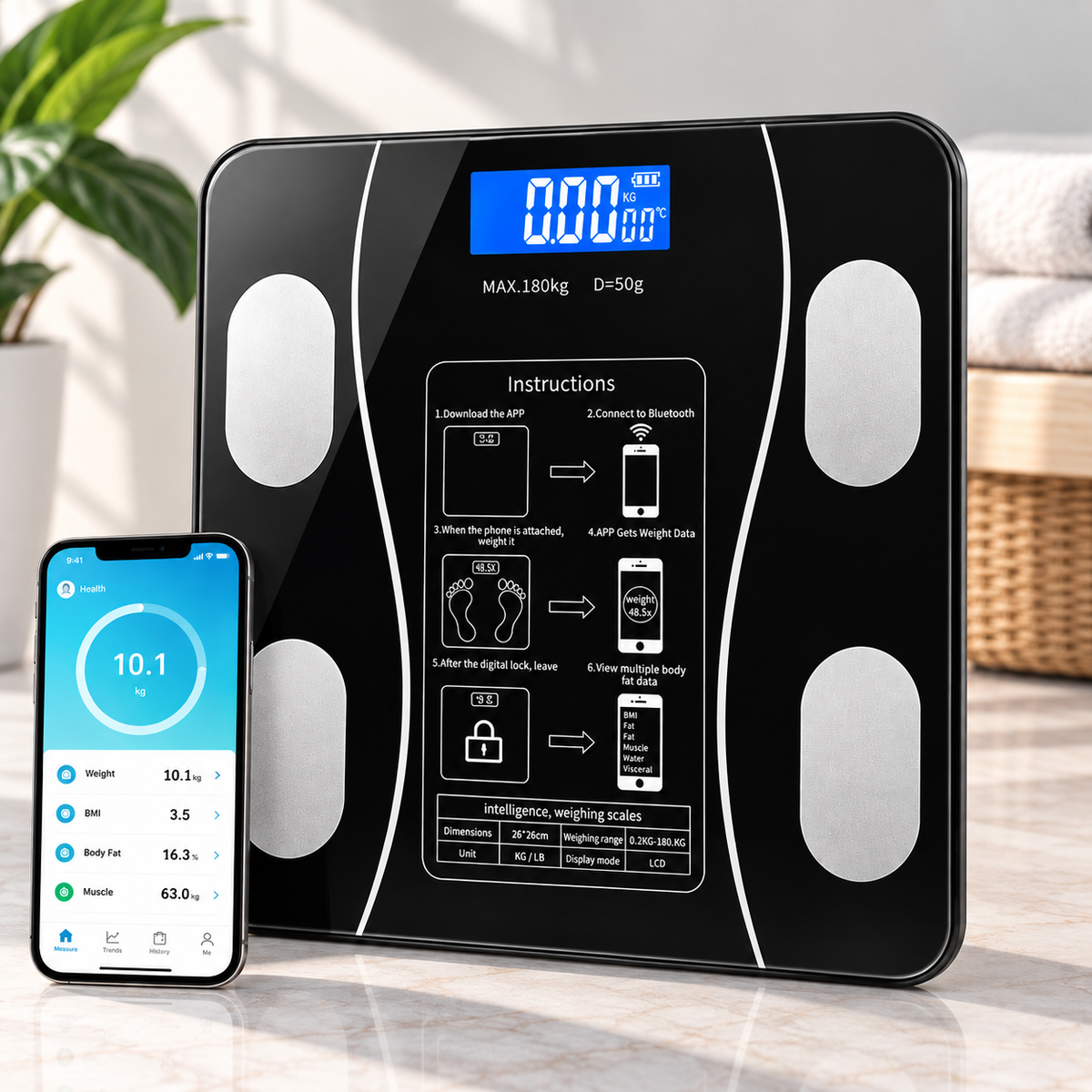 Cântar Inteligent Corporal cu Aplicație Bluetooth, 17 Măsurători, 180 kg-1