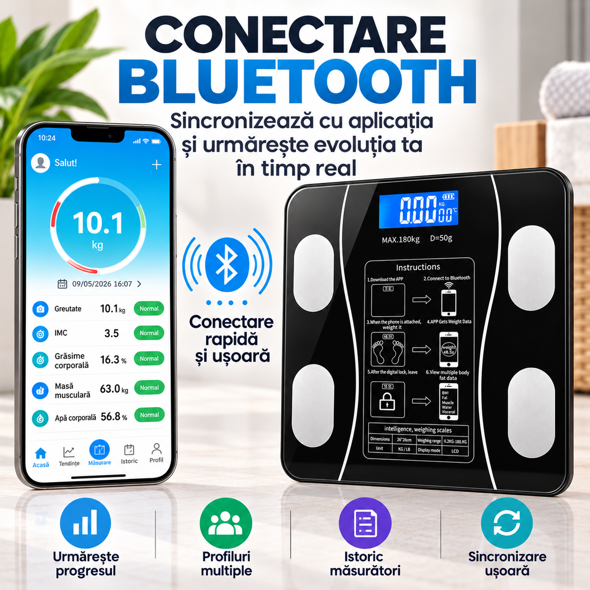 Cântar Inteligent Corporal cu Aplicație Bluetooth, 17 Măsurători, 180 kg
