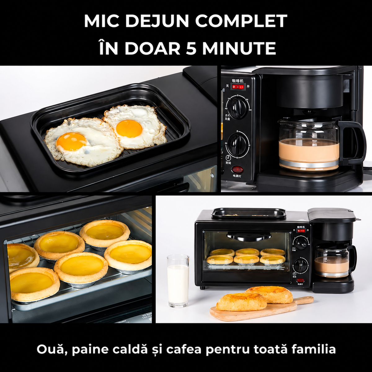 Aparat Mic Dejun 3 în 1 cu Cuptor, Cafetieră și Grill, Multifuncțional, Negru-5
