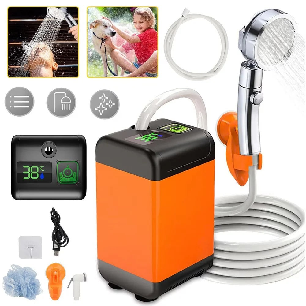 Duș Portabil Electric cu Acumulator 6000 mAh, Afișaj LED și 3 Moduri de Pulverizare, pentru Camping și Călătorii