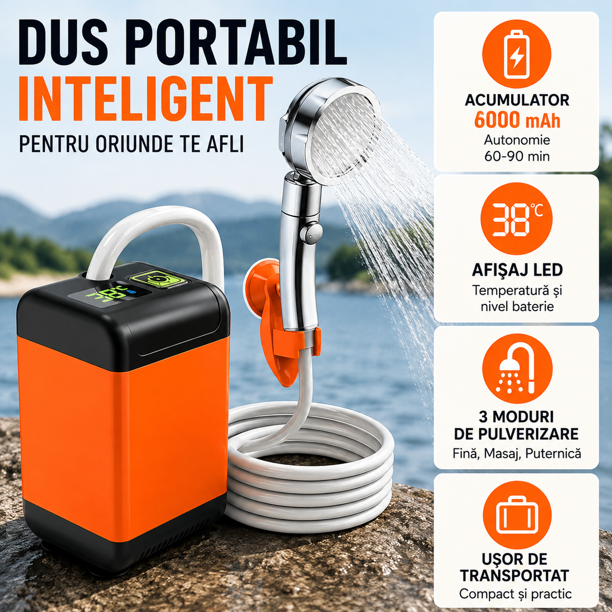Duș Portabil Electric cu Acumulator 6000 mAh, Afișaj LED și 3 Moduri de Pulverizare, pentru Camping și Călătorii