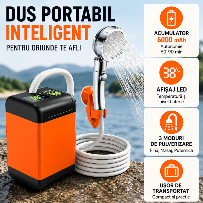 Duș Portabil Electric cu Acumulator 6000 mAh, Afișaj LED și 3 Moduri de Pulverizare, pentru Camping și Călătorii-2