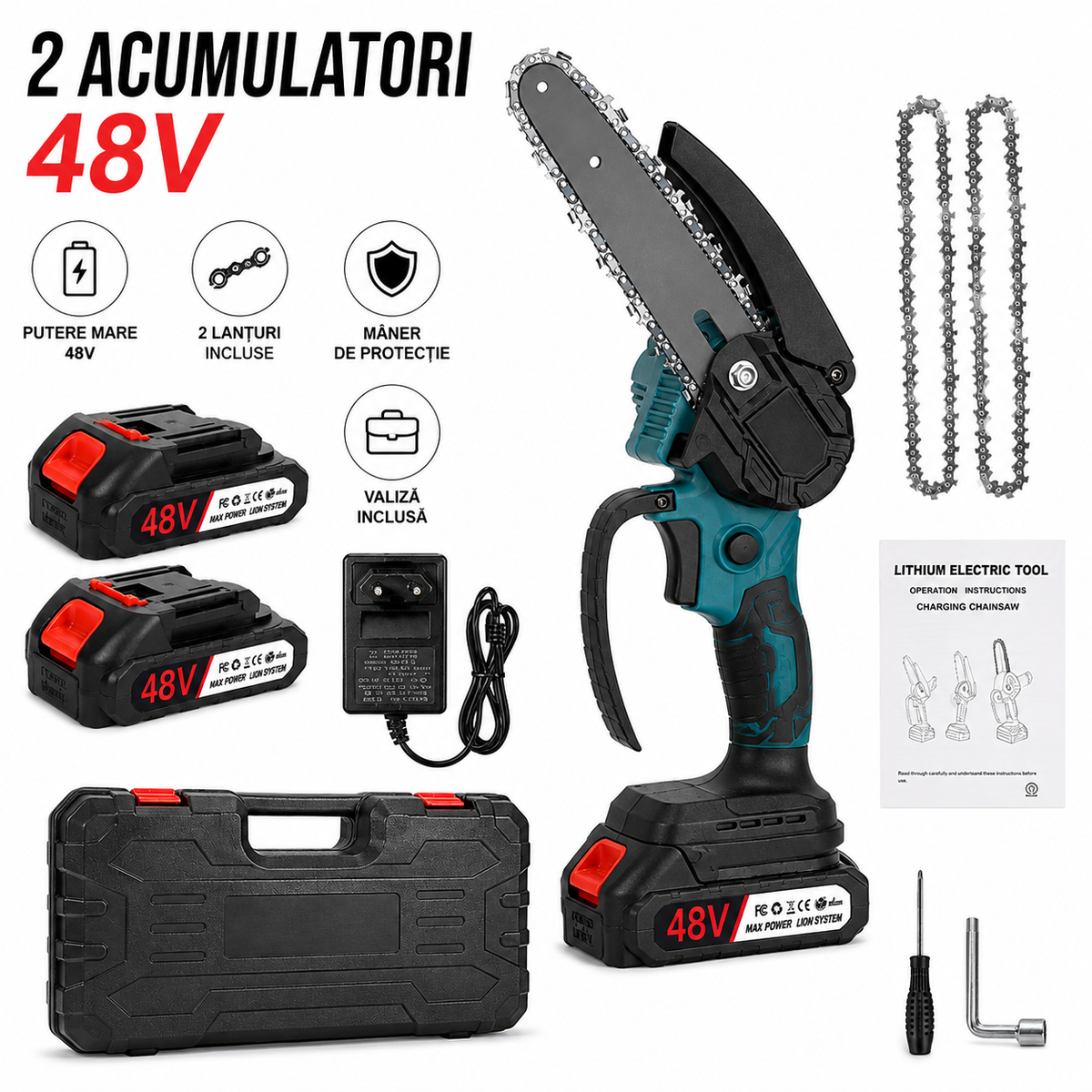 Mini Fierastrau Electric 48V cu Lant 6 inch si 2 Acumulatori-3