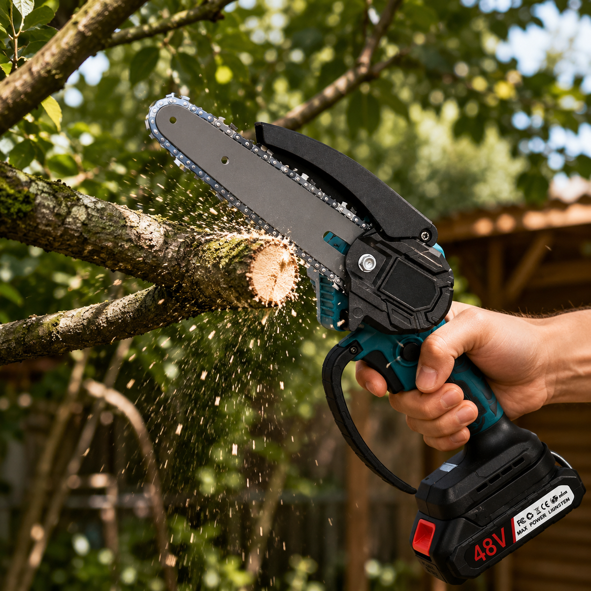 Mini Fierastrau Electric 48V cu Lant 6 inch si 2 Acumulatori