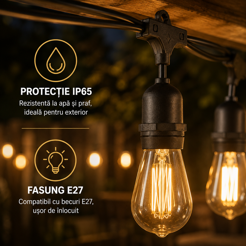 Ghirlandă Luminoasă 10 m cu 10 Becuri E27, Interconectabilă, Protecție IP65, Lumină Caldă-5