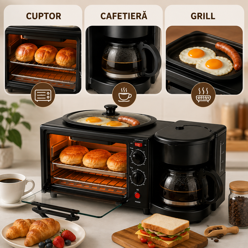 Aparat Mic Dejun 3 în 1 cu Cuptor, Cafetieră și Grill, Multifuncțional, Negru-6