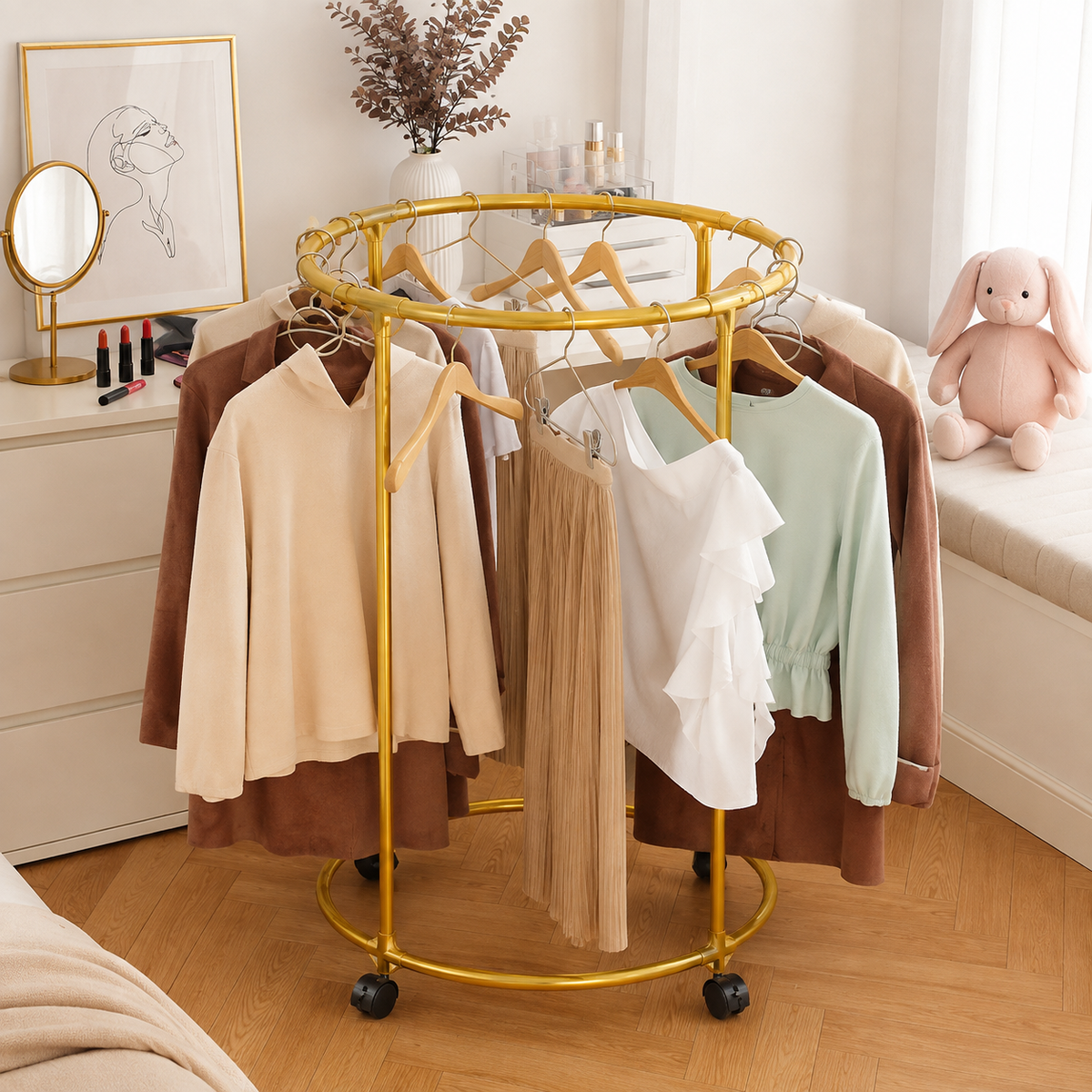 Suport Rotund pentru Haine din Oțel Inoxidabil, 130 cm, Roți Pivotante, Capacitate 40 kg