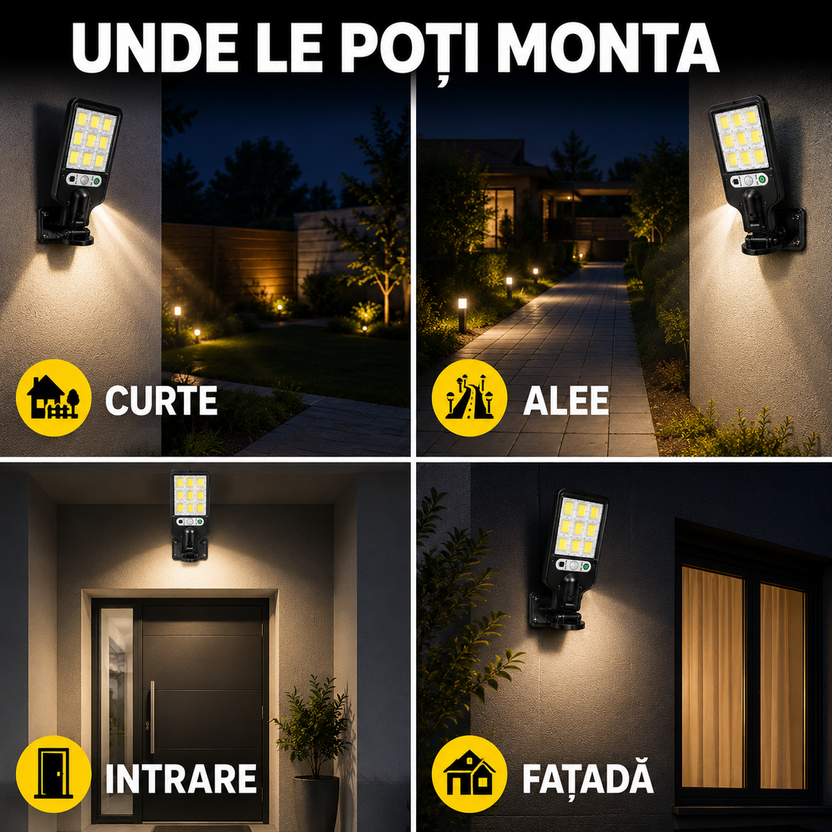Set 4 lămpi solare LED COB pentru exterior cu senzor de mișcare, telecomandă, 3 moduri de iluminare-5