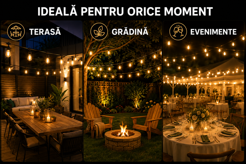 Ghirlandă Luminoasă 10 m cu 10 Becuri E27, Interconectabilă, Protecție IP65, Lumină Caldă-8