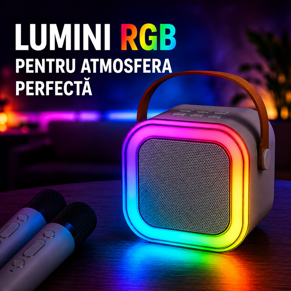 Boxă Karaoke Portabilă cu 2 Microfoane Wireless, Bluetooth și Lumini RGB-8