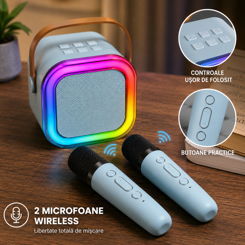 Boxă Karaoke Portabilă cu 2 Microfoane Wireless, Bluetooth și Lumini RGB-7