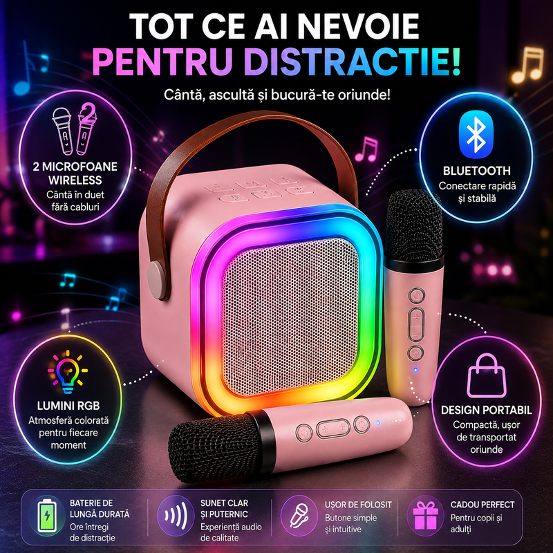 Boxă Karaoke Portabilă cu 2 Microfoane Wireless, Bluetooth și Lumini RGB-13