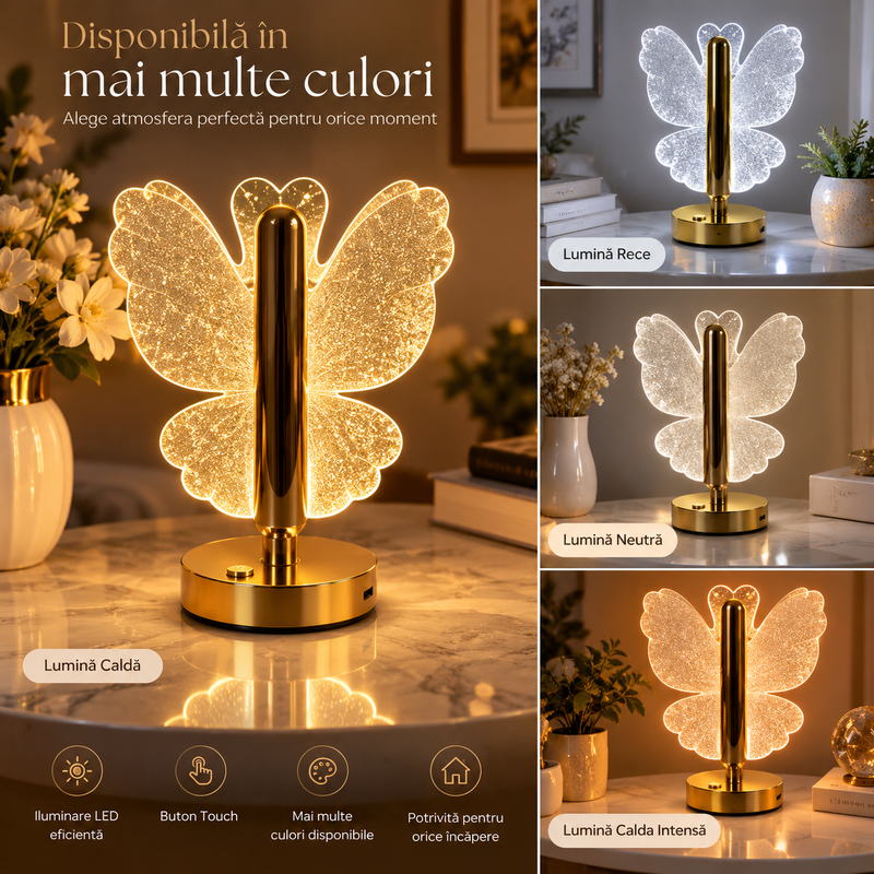 Lampă LED Cristal Formă Fluture 3 Moduri Lumină Control Touch USB-2