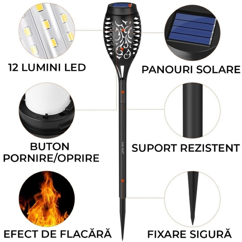 Set 10 Lămpi Solare Exterior Tip Torță Efect Flacără Senzor Lumină Negru-3