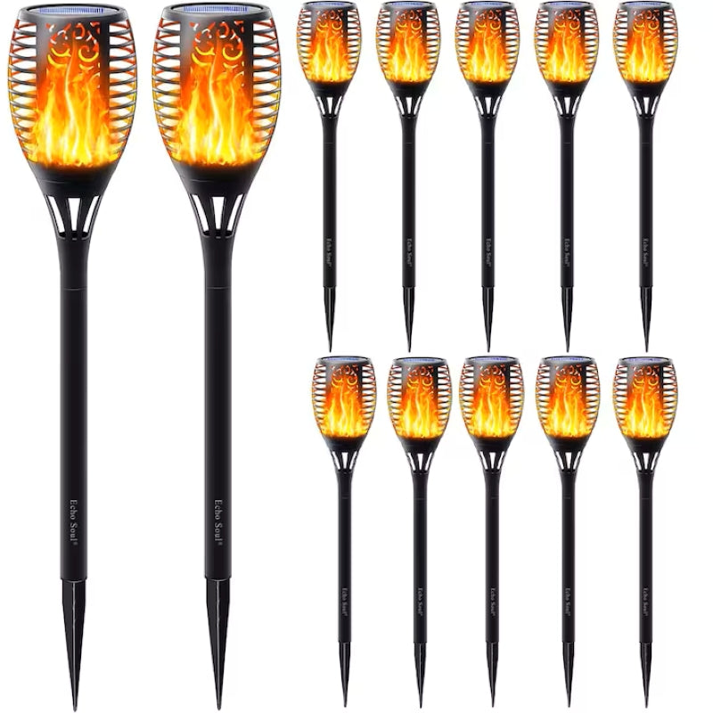 Set 10 Lămpi Solare Exterior Tip Torță Efect Flacără Senzor Lumină Negru-1
