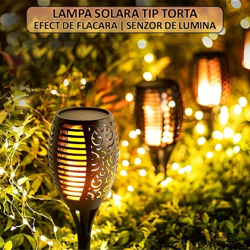 Set 10 Lămpi Solare Exterior Tip Torță Efect Flacără Senzor Lumină Negru-7