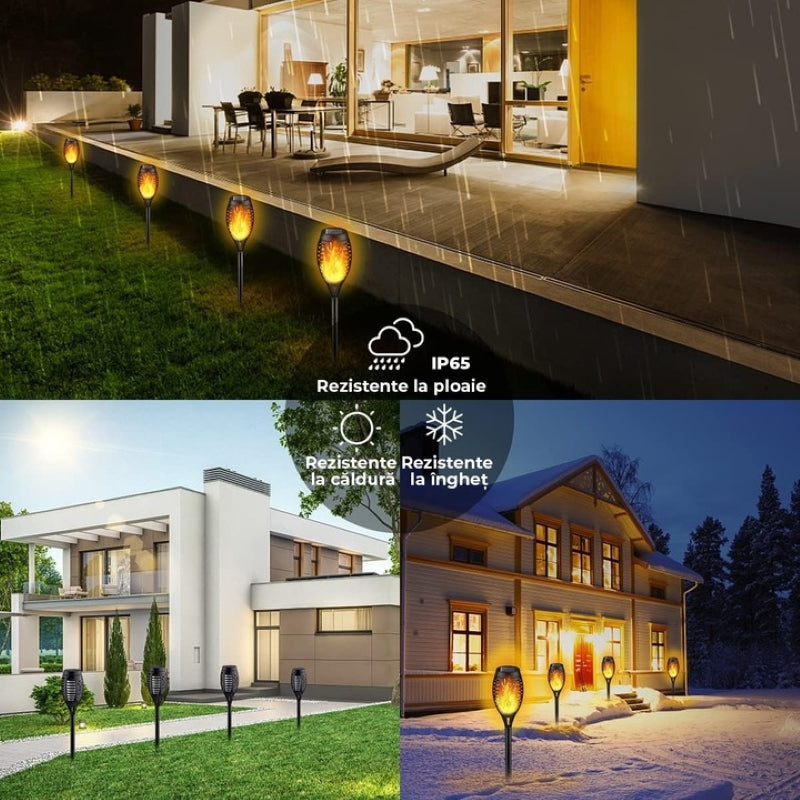 Set 10 Lămpi Solare Exterior Tip Torță Efect Flacără Senzor Lumină Negru-6