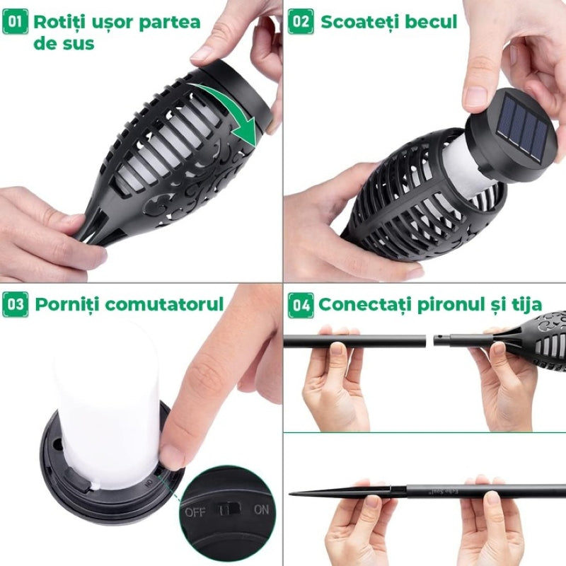 Set 10 Lămpi Solare Exterior Tip Torță Efect Flacără Senzor Lumină Negru