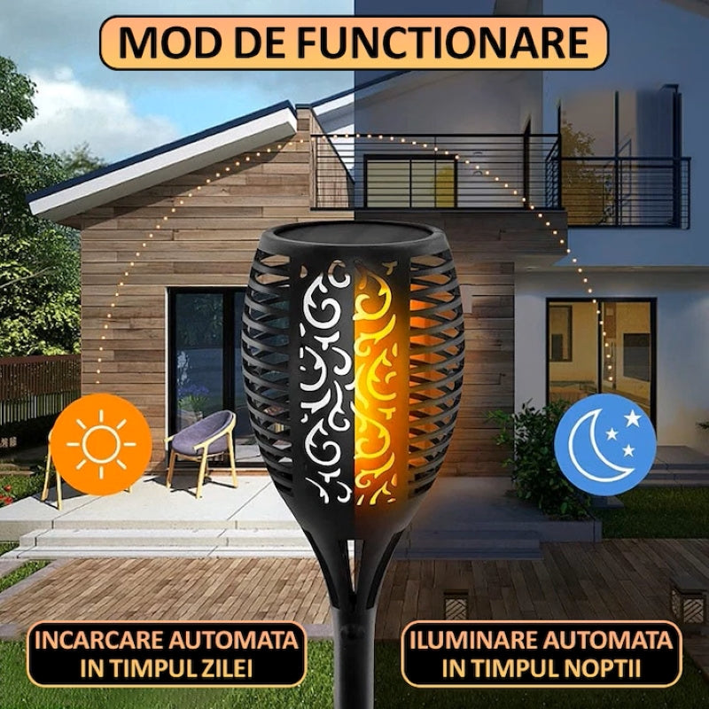 Set 10 Lămpi Solare Exterior Tip Torță Efect Flacără Senzor Lumină Negru-5