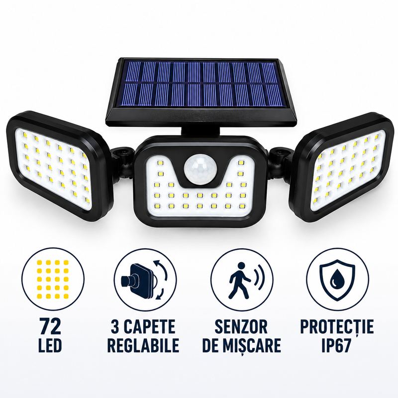 Lampă Solară de Exterior 72 LED cu Senzor de Mișcare, 3 Capete Reglabile, IP67-7