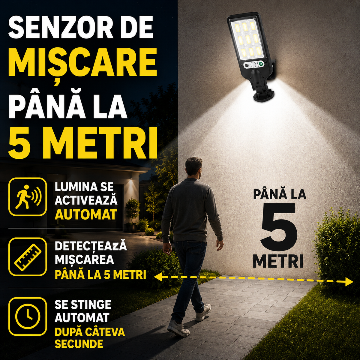 Set 4 lămpi solare LED COB pentru exterior cu senzor de mișcare, telecomandă, 3 moduri de iluminare-6