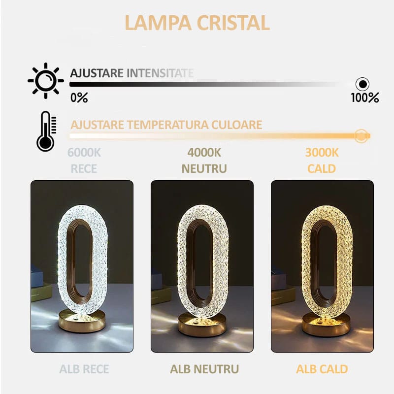 Lampa LED decorativa, veioza din cristal acrilic, lumina ambientala, 3 culori, alb rece/cald/neutru, control touch, reincarcabila-7