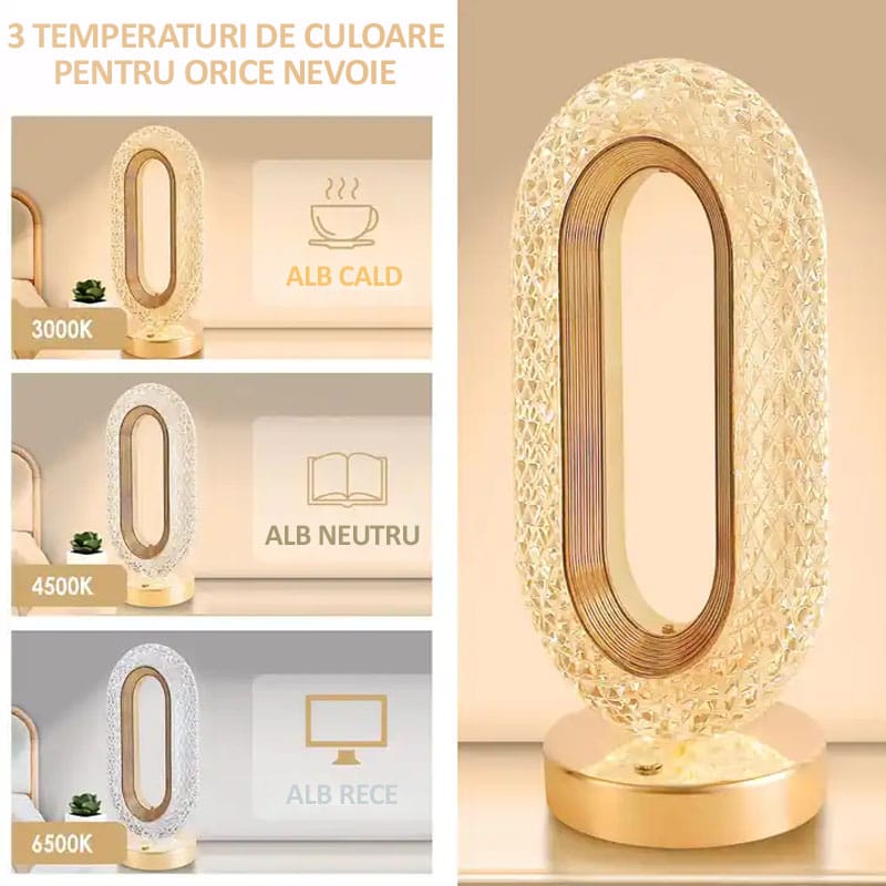 Lampa LED decorativa, veioza din cristal acrilic, lumina ambientala, 3 culori, alb rece/cald/neutru, control touch, reincarcabila-2