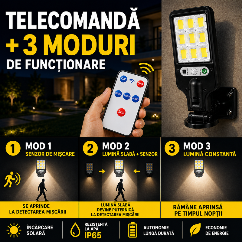 Set 4 lămpi solare LED COB pentru exterior cu senzor de mișcare, telecomandă, 3 moduri de iluminare-4
