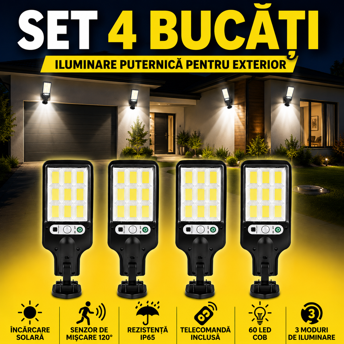 Set 4 lămpi solare LED COB pentru exterior cu senzor de mișcare, telecomandă, 3 moduri de iluminare