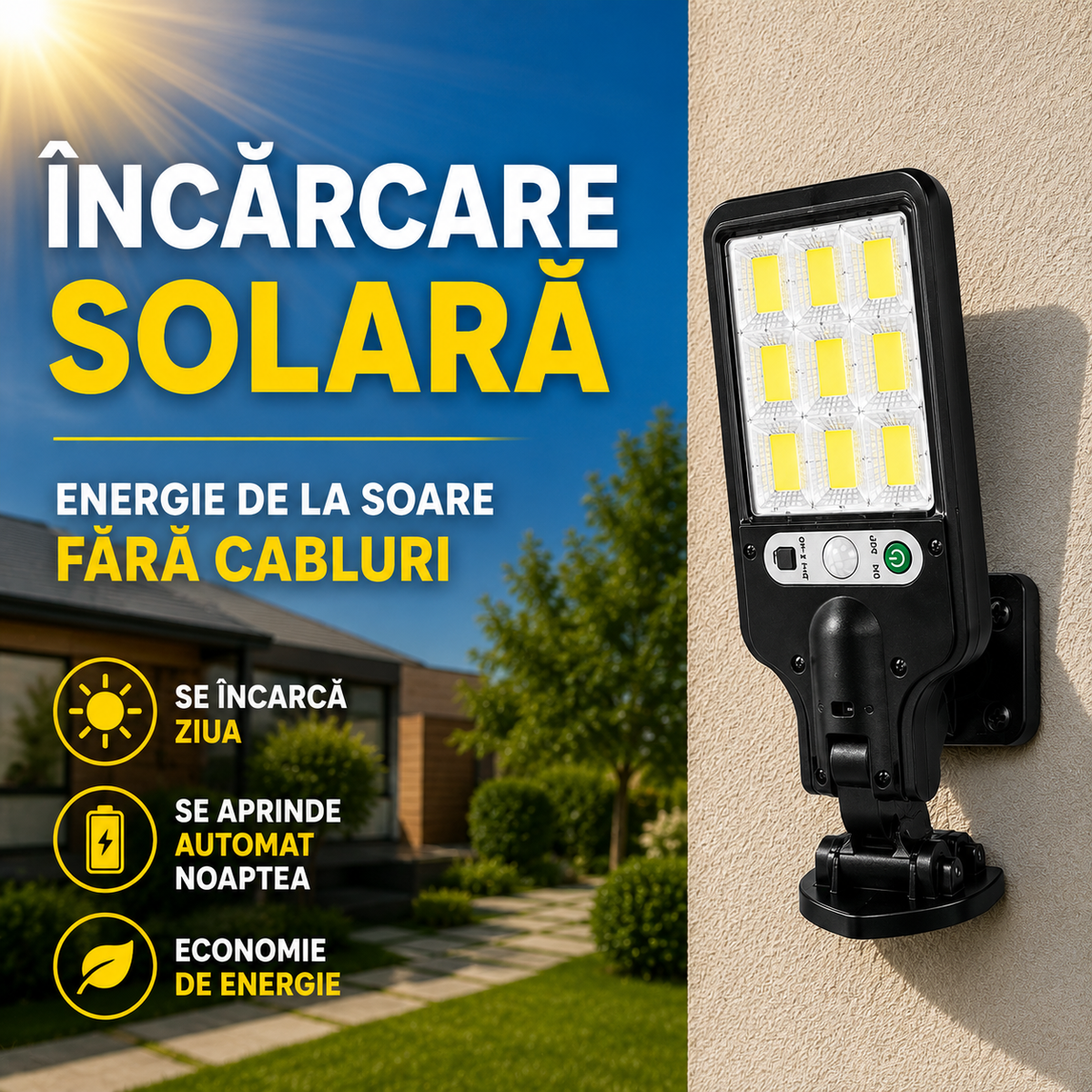 Set 4 lămpi solare LED COB pentru exterior cu senzor de mișcare, telecomandă, 3 moduri de iluminare-3