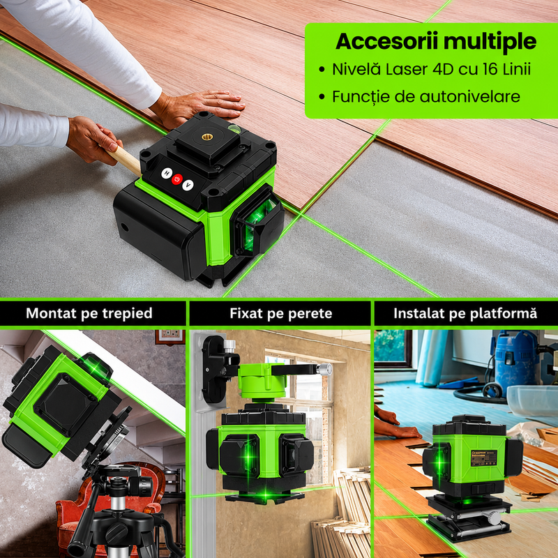 Nivelă Laser 4D cu 16 Linii, Lumină Verde, Autonivelare, Telecomandă și Trepied de 150 cm Inclus-6