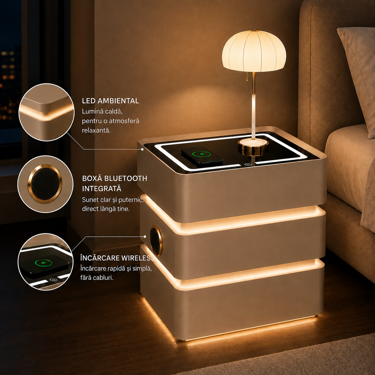 Noptieră Smart Premium cu 3 Sertare, Încărcare Wireless, Port USB, 2 Boxe Bluetooth și LED-12