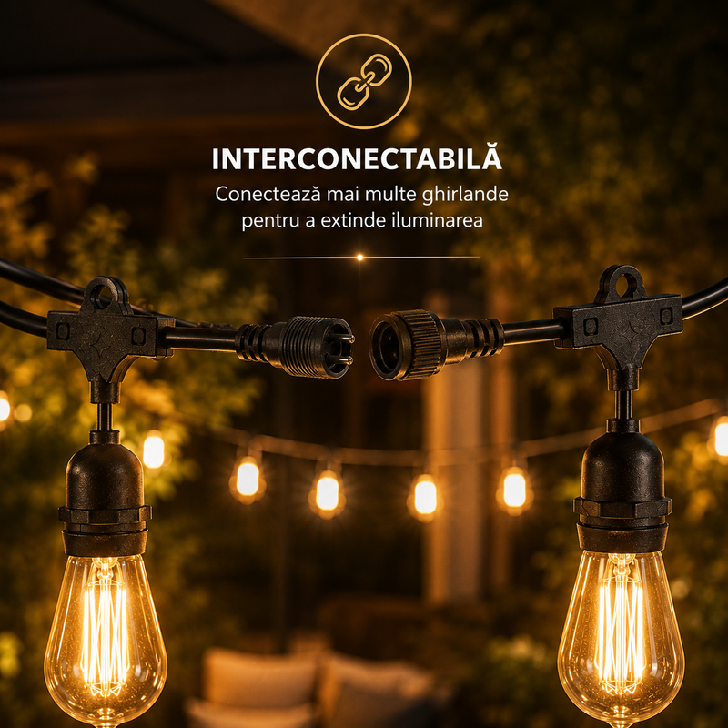 Ghirlandă Luminoasă 10 m cu 10 Becuri E27, Interconectabilă, Protecție IP65, Lumină Caldă-4
