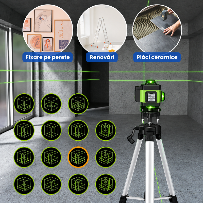 Nivelă Laser 4D cu 16 Linii, Lumină Verde, Autonivelare, Telecomandă și Trepied de 150 cm Inclus-4