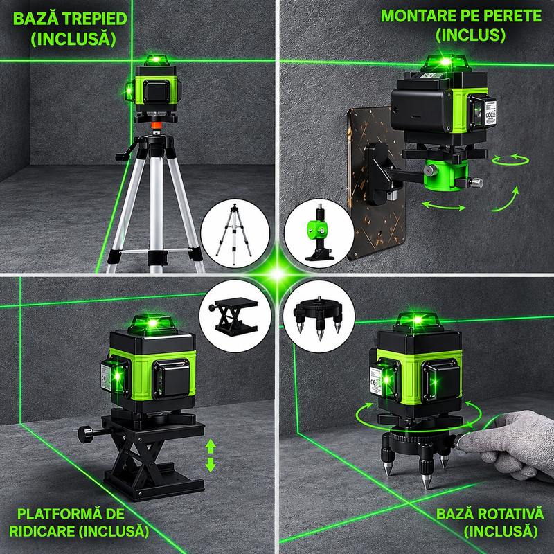 Nivelă Laser 4D cu 16 Linii, Lumină Verde, Autonivelare, Telecomandă și Trepied de 150 cm Inclus-2