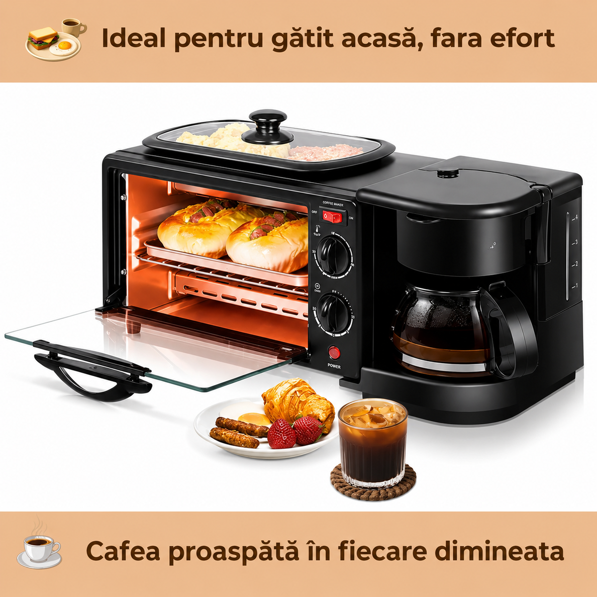 Aparat Mic Dejun 3 în 1 cu Cuptor, Cafetieră și Grill, Multifuncțional, Negru-7