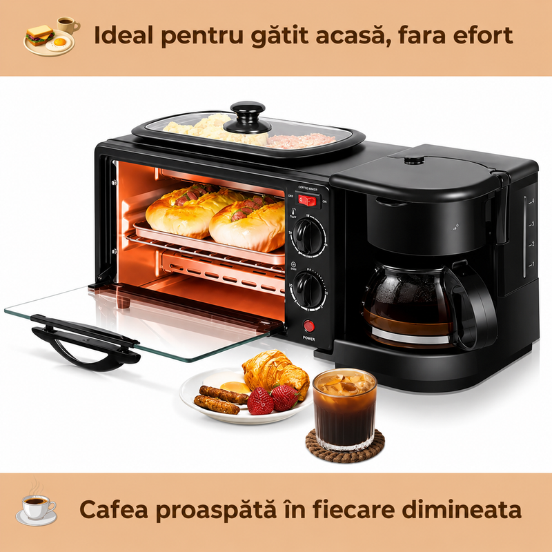 Aparat Mic Dejun 3 în 1 cu Cuptor, Cafetieră și Grill, Multifuncțional, Negru-7