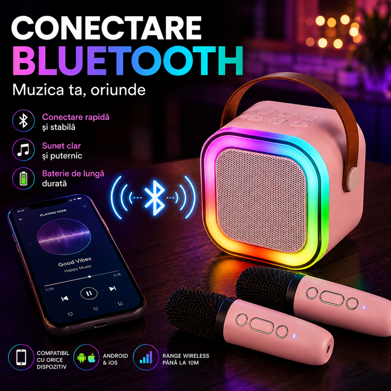 Boxă Karaoke Portabilă cu 2 Microfoane Wireless, Bluetooth și Lumini RGB-14