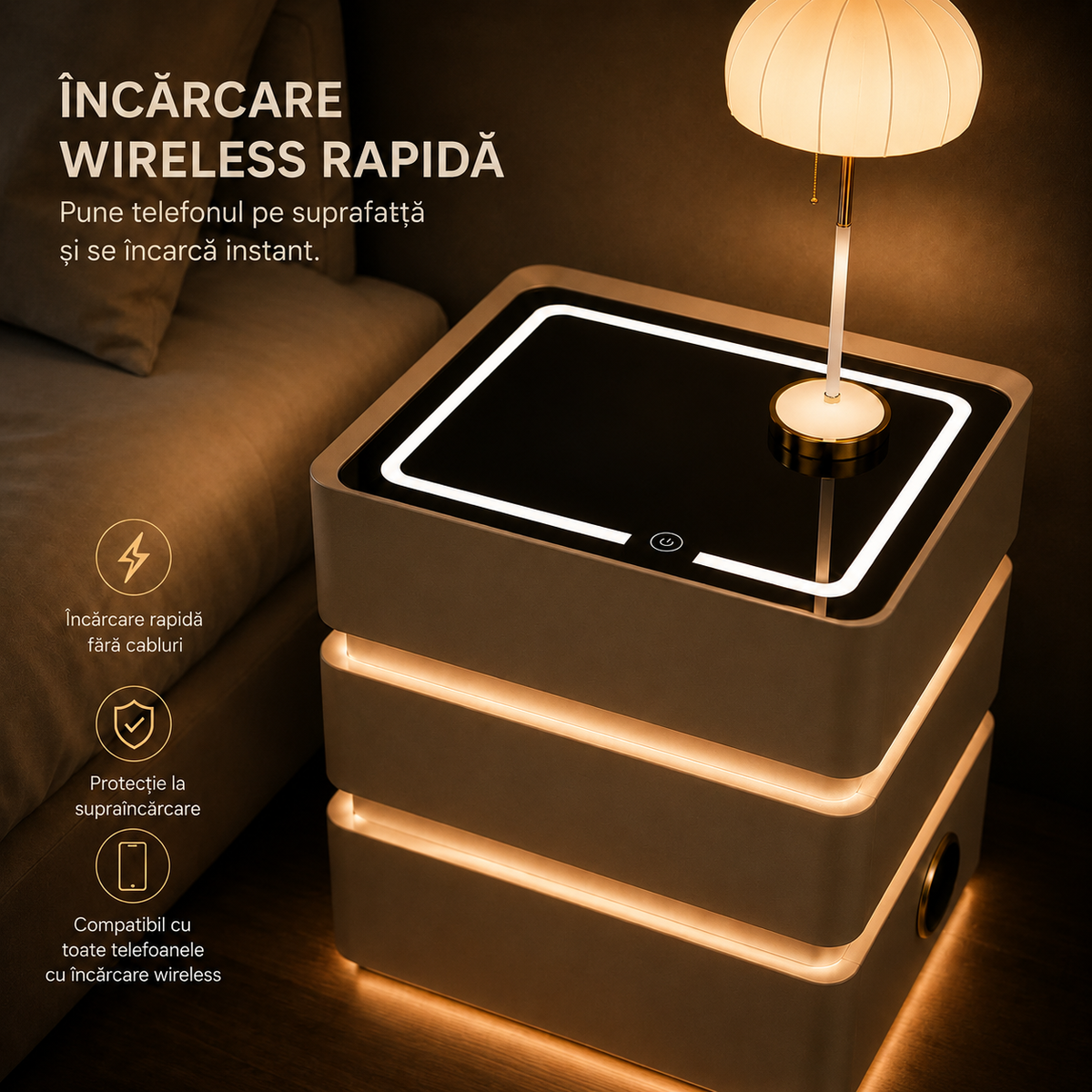 Noptieră Smart Premium cu 3 Sertare, Încărcare Wireless, Port USB, 2 Boxe Bluetooth și LED-13