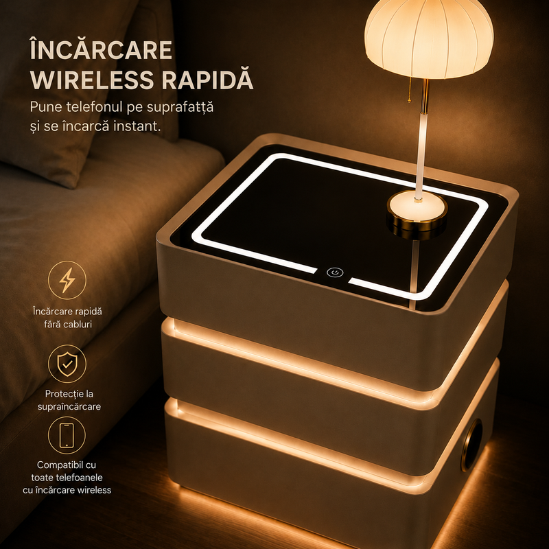 Noptieră Smart Premium cu 3 Sertare, Încărcare Wireless, Port USB, 2 Boxe Bluetooth și LED-13