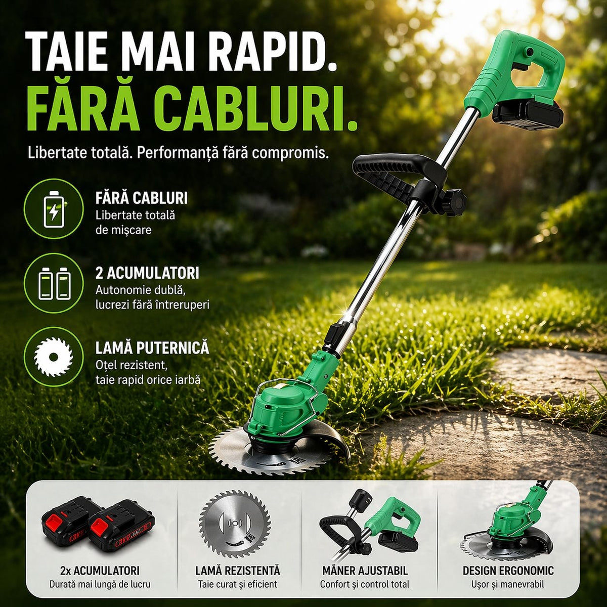Motocoasă Electrică 2 Acumulatori 48V Braț Reglabil 8 Lame Verde-2