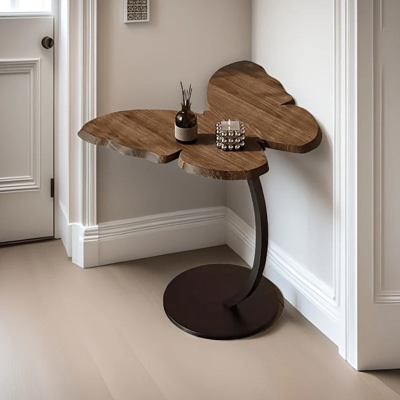 Măsuță decorativă în formă de fluture, blat aspect lemn și picior metalic, maro-negru-4