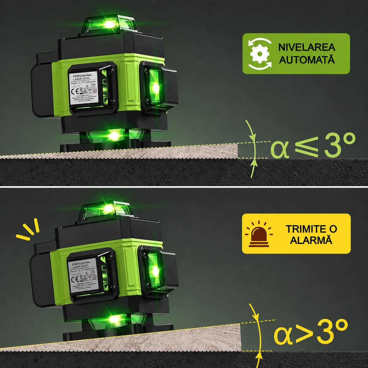 Nivelă Laser 4D cu 16 Linii, Lumină Verde, Autonivelare, Telecomandă și Trepied de 150 cm Inclus-3